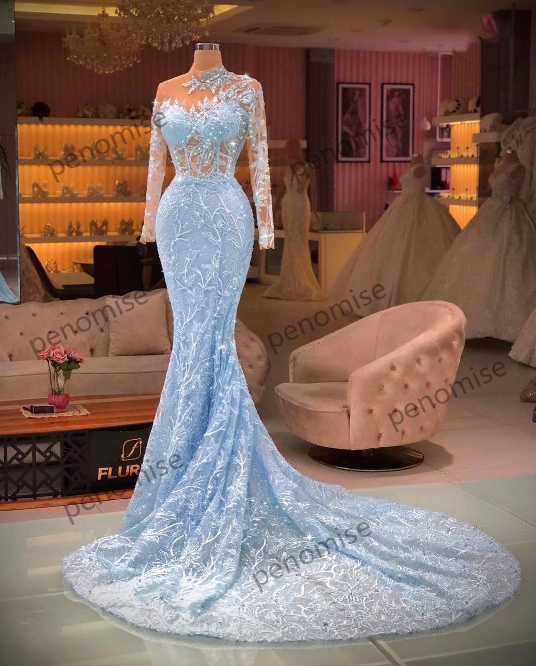 2022 Light Blue Mermaid Evening Dress 