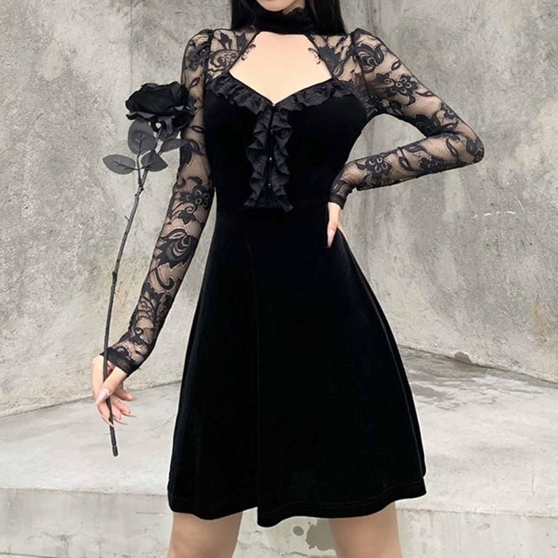 Vestidos casuales mujeres sexy vestido gótico manga larga perspectiva hueco fuera de encaje negro remiendo punk Vestidos casuales mujeres sexy vestido gótico manga larga perspectiva hueco fuera de encaje negro remiendo punk