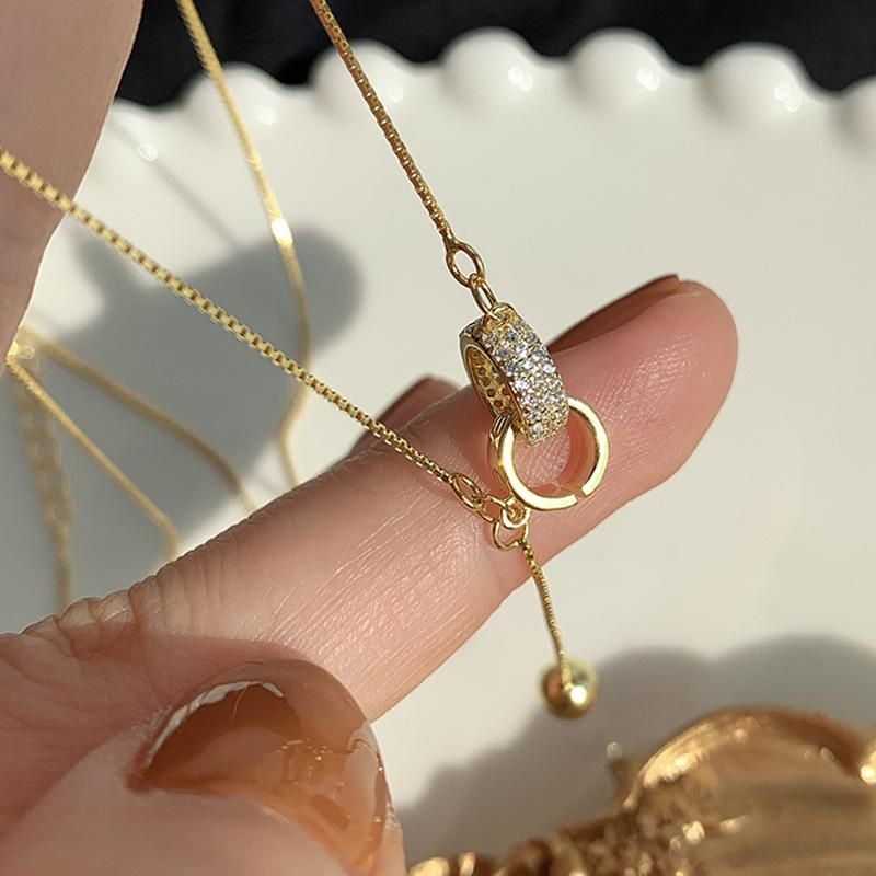 Hängsmycken Halsband VSnow Koreansk Mode Asymmet Dubbelcirkel Strass Halsband För Kvinnor Guldfärgad Metallring_voghion.com