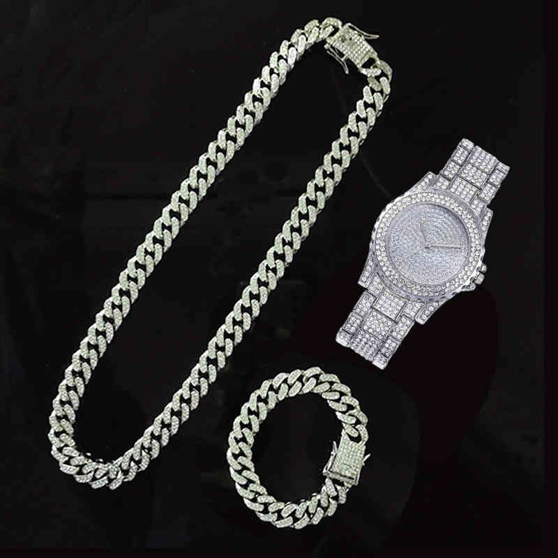Designer orologi di marca di lusso ghiacciati con strass asfaltato 13mm full miami catena cubana cz rapper collana ++ braccialetto per uomo donne gioielli