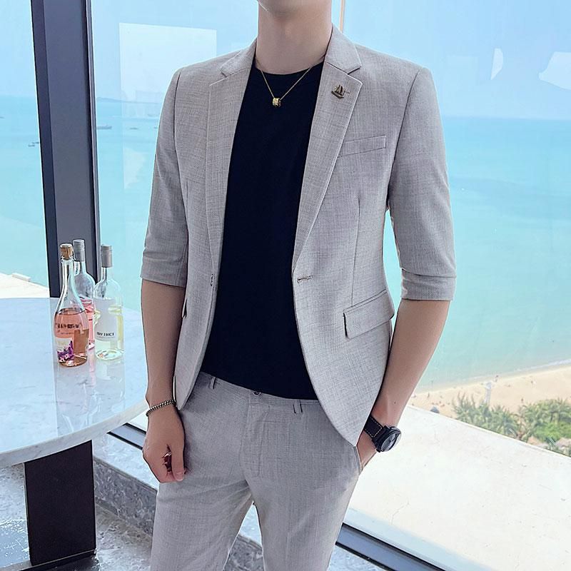 Compra Trajes Para Hombres Blazers 2021 Verano Vestido De Novia Traje Moda  Delgado Negocio Formal Fiesta Medio Manga 2 Pieza Peluquero Casual Barato |  Entrega Rápida Y Calidad | Es.Dhgate