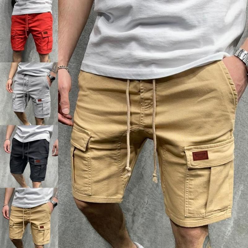 2021 Mens Shorts Cargo Summer Solid Color Knee Length Straight Wide Leg ...