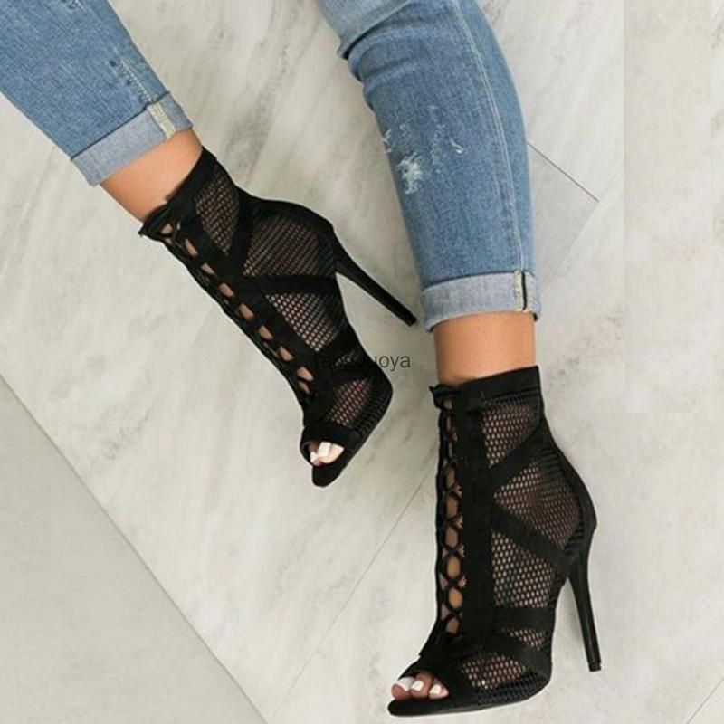 Summer Peep Toe Bling Sandals Boots Thick High Heels Women Mesh Hollow Out High Heels Shoes,Black,7 Summer Peep Toe Bling Sandals Boots Thick High Heels Women Mesh Hollow Out High Heels Shoes,Black,7