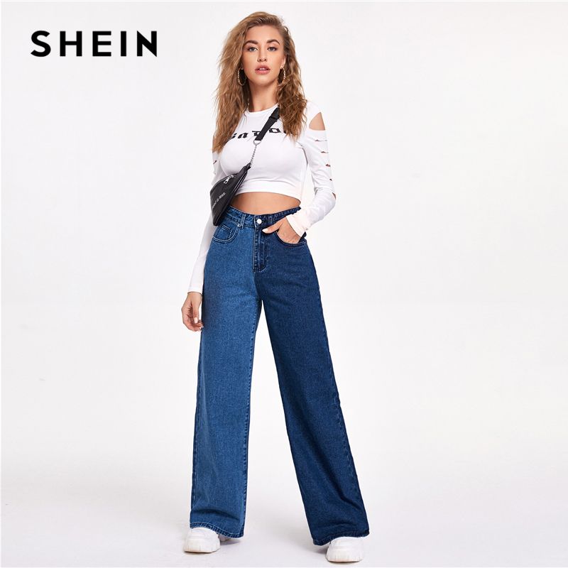 Acquistare Shein Colorblock Two Tone Wide Gambo Jeans Donne Donne Autunno  Zipper Volare Vita Alta Vita Lunga Denim Pantaloni Denim Ladies Jeans  Vintage Economico | Consegna Veloce E Qualità | It.Dhgate