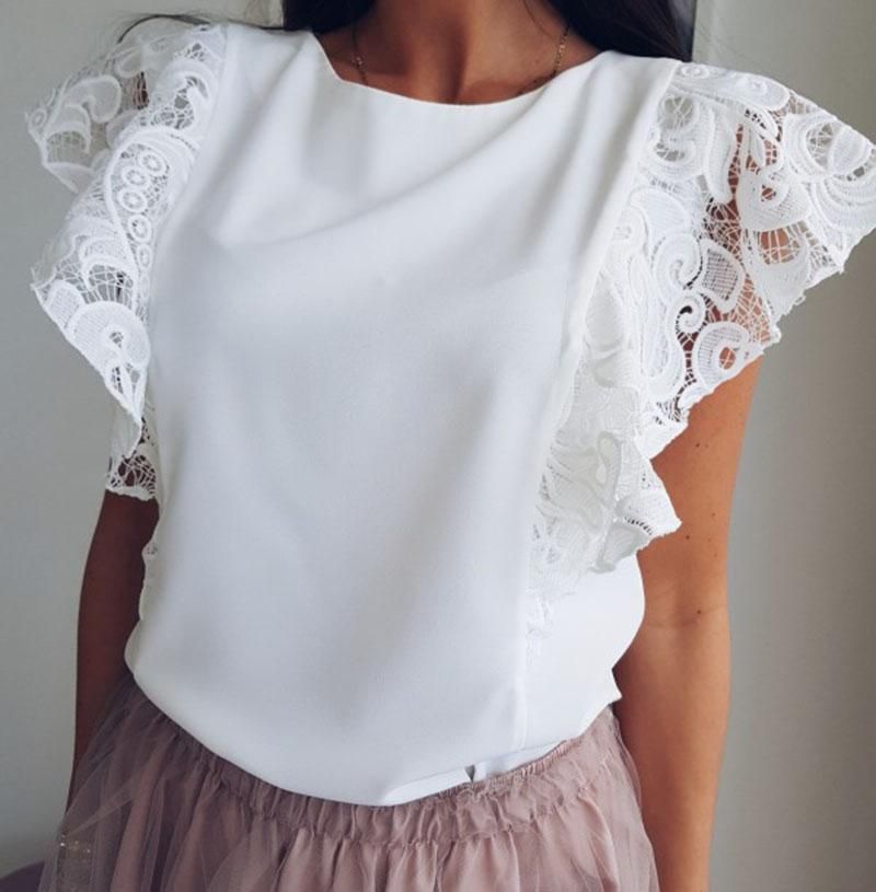 de mujeres estilo moda damas encaje costura manga corta hueco para niñas