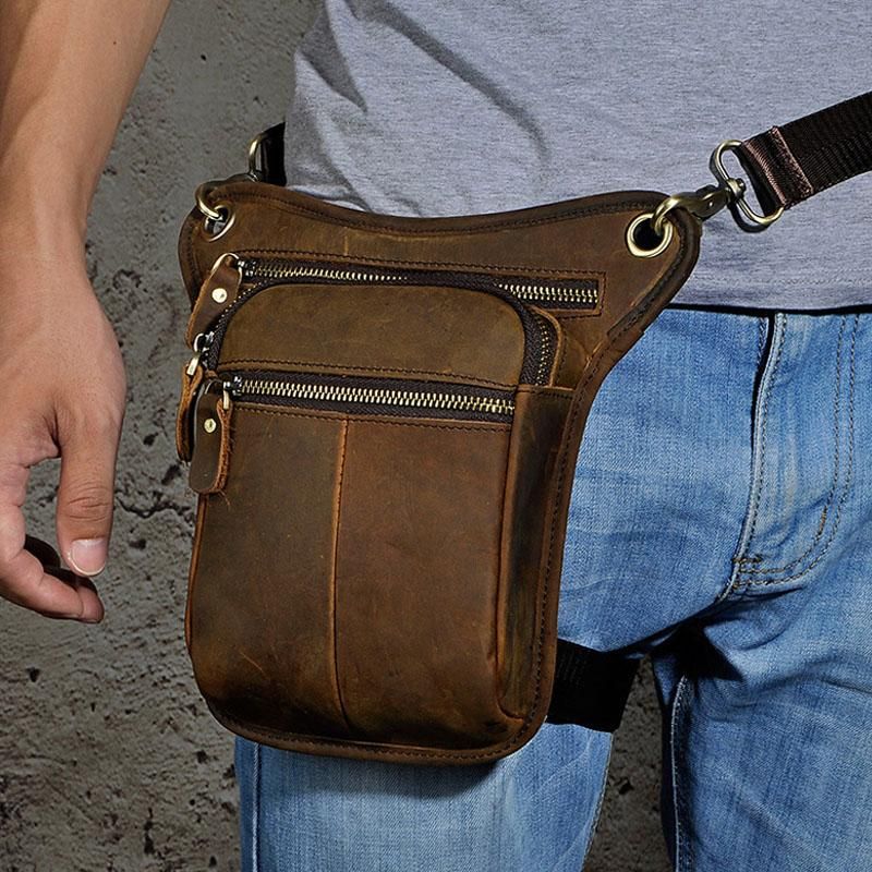 Men Oil Wax Leather Vintage Belt Hip Waist Fanny Pack Shoulder Crossbody Bag 