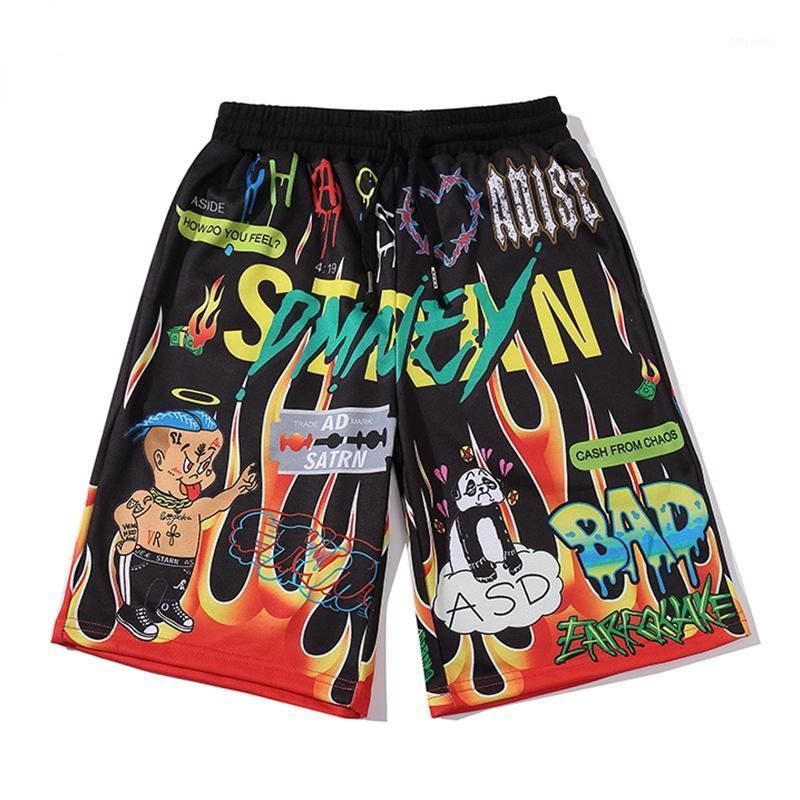Pantalones para hombres hombres dibujos animados llama graffiti impresión playa la rodilla hip