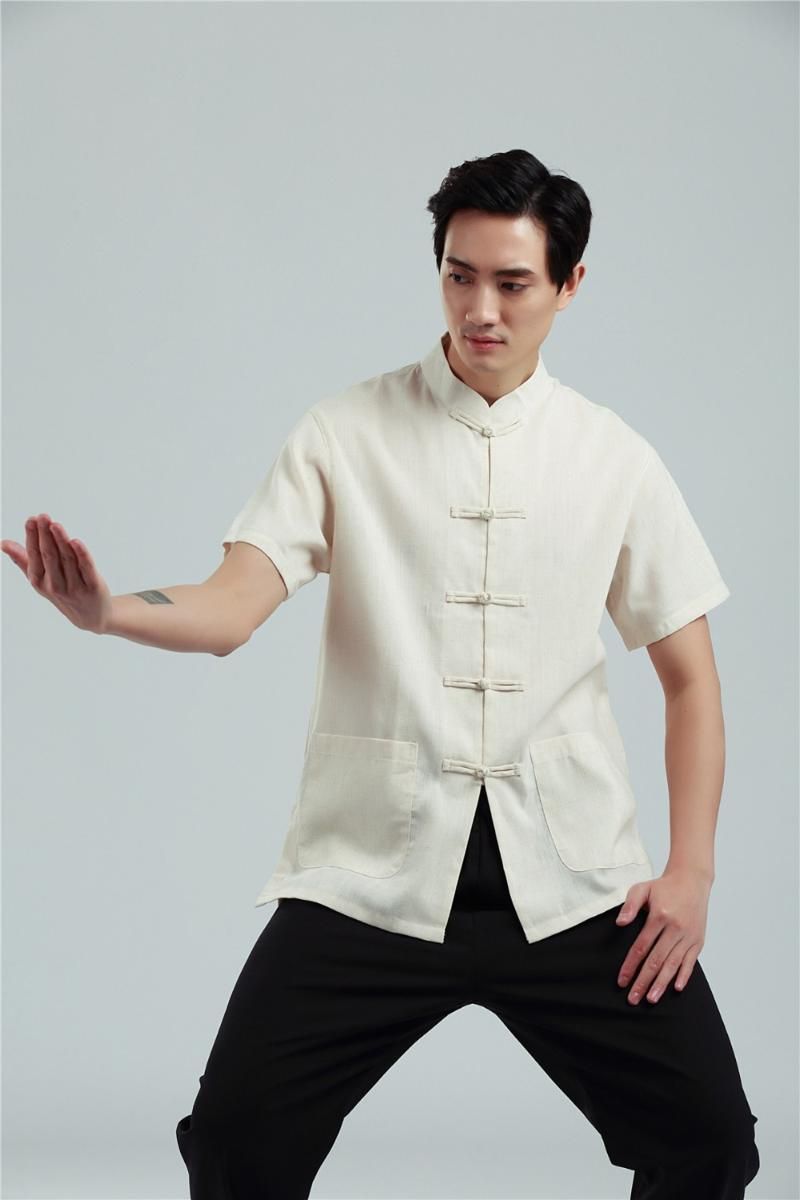 HISTORIA Ropa china tradicional para hombres Camisa de lino Tai Chi Top Manga
