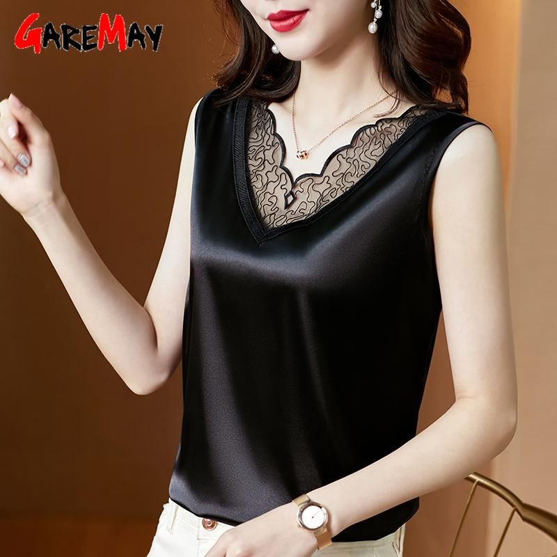 Compra Blusas De Mujer Camisas Mujeres Verano 2021 Sin Mangas Sin Mangas  Talla Grande Casa Básica V Cuello Mujer Top Top Silk Satin Blusa Para  Túnica De Oficina Barato | Entrega Rápida
