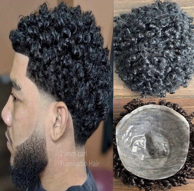 15mm Afro Curl 1B Full PU Toupee Mens Wig Brazilian Remy Human Hair  Replacement 12mm Curly