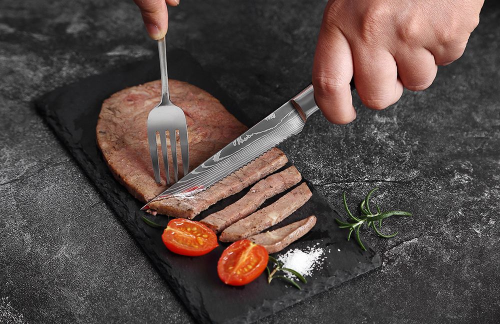 Couteau à Steak en acier inoxydable, à viande, motif damas couteau dentelé  en acier inoxydable, manche