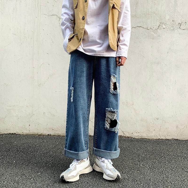 Compre Pantalones Vaqueros De Hombre Azul Marino Roto Para Los Hombres 2022  Primavera Verano Streetwear Pantalones De Moda Hechos De Mezclilla Baggy  Pantalones Ancho Pierna Pantalón M 5xl A 48,57 € Del