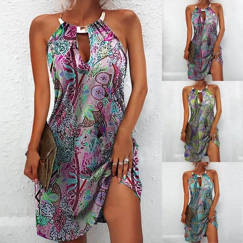 Vestido Mujer Verano Casual Metal Colgante Cuello Impresión Vestido Mujer Verano Casual Metal Colgante Cuello Impresión