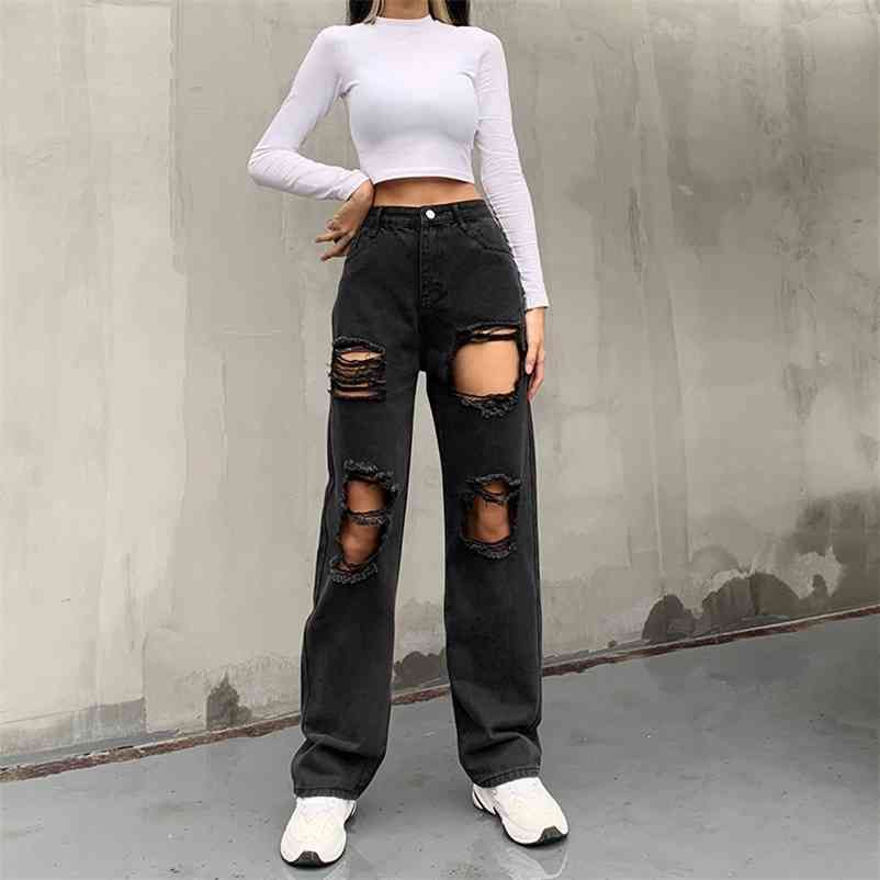 Pantalones De Carga Jeans Mujer Alta Cintura Jeans Negro Rasgado Recto Pantalones De Pierna Recta Mamá Novio Causal Holgado Pantalones 210730 De 16,9 € | DHgate