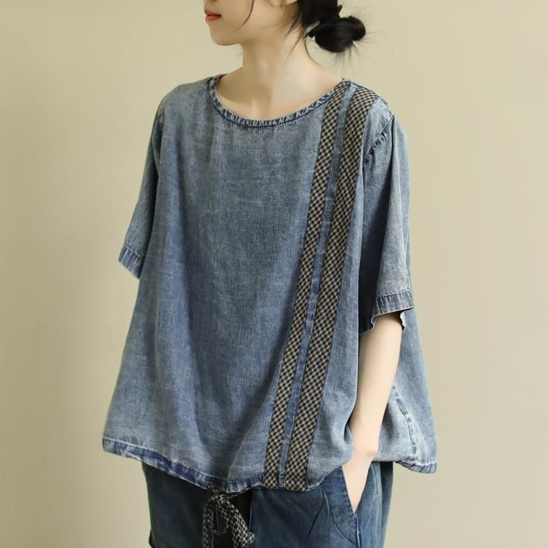 Mujer Verano Denim Suelto Cuello En V Manga Corta Hasta La R Mujer Verano Denim Suelto Cuello En V Manga Corta Hasta La R