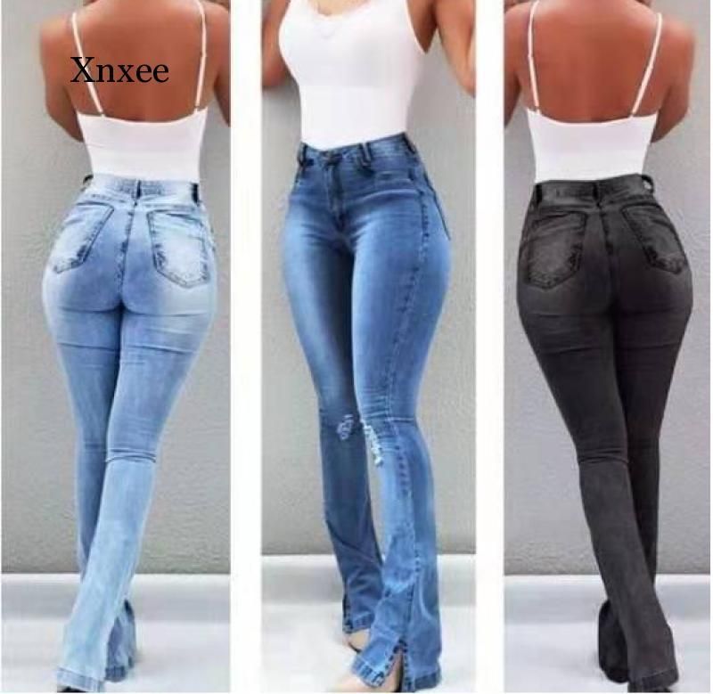 Womens Solid Color Flared Jeans High 