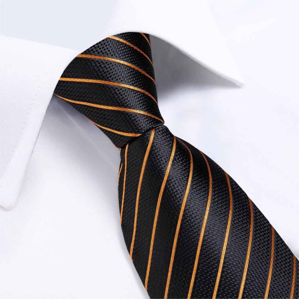 Mens Wedding Tie Gold Black Striped Silk Neck Ties For Men Hanky