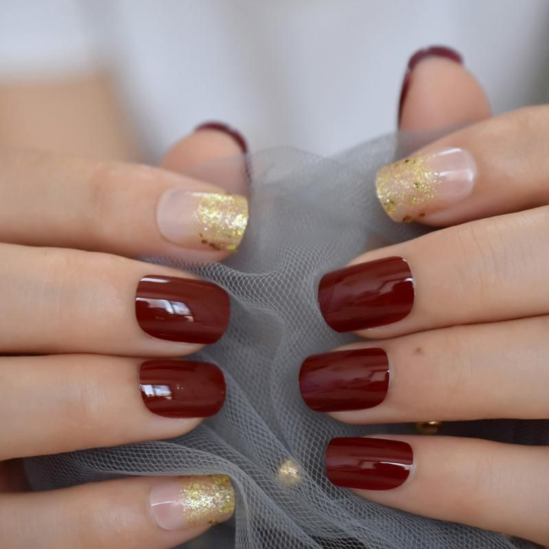 Match Glitter French Square Short Nails Sexy Dark Red Gold Powder Nude Color Fake Nails Acrylic Pre-Designed Mixed Designed Match Glitter French Square Short Nails Sexy Dark Red Gold Powder Nude Color Fake Nails Acrylic Pre-Designed Mixed Designed