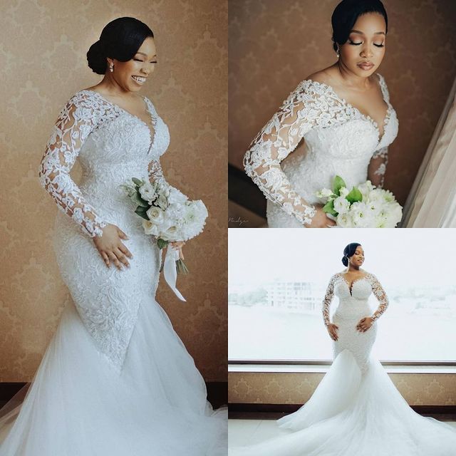 2021 Plus Size Arabic Aso Ebi Lace Beaded Mermaid Wedding Gowns Sheer Neck Long Sleeves Vintage Bridal Dresses ZJ566