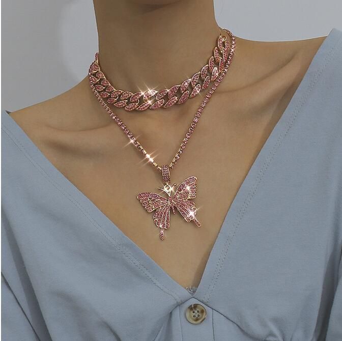 Collares de para mujeres con hielo, cadenas de enlaces cubanas, mariposa, colgante, cristal, diamantes de
