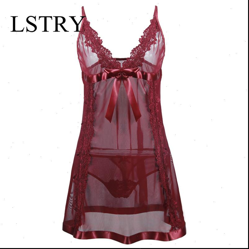 Sexy lencería ropa interior encaje para mujer ropa de noche vino rojo con g string usando pijamas
