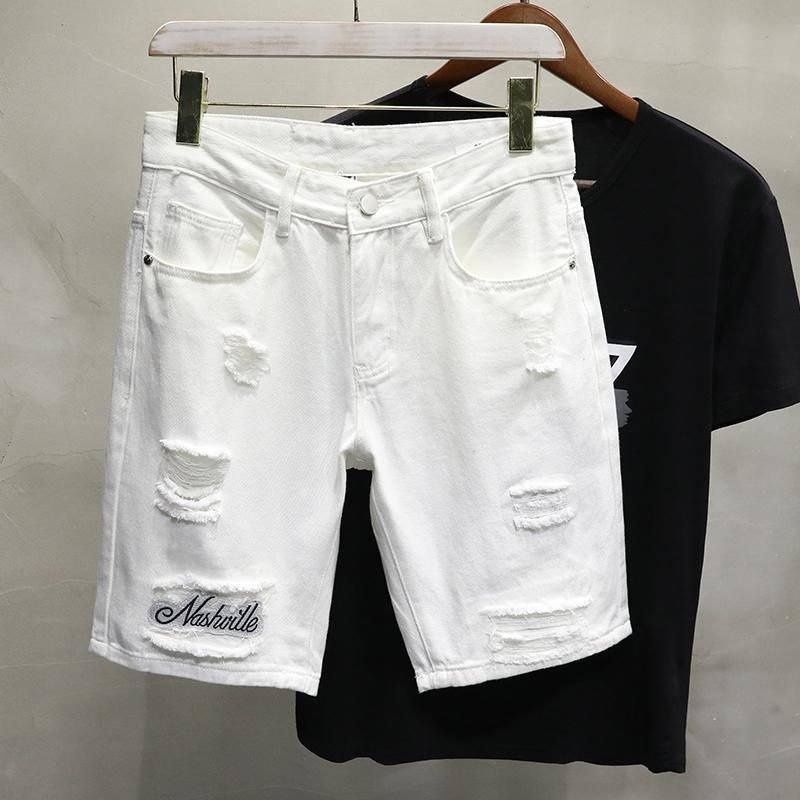 Moda verano Blanco Hombres casuales vaqueros cortos Agujero rasgado Letras bordadas Masculinas de mezclilla