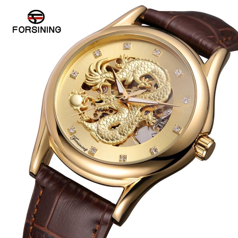 Mode Top Marke Goldene China Drache Design Braun Leder Lässige Männer Mechanische Uhr Luxus Automatische analoge Armbanduhren