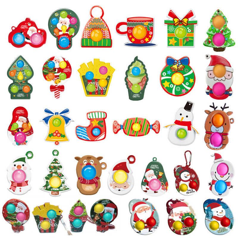 US Stock Christmas Fidget Nyckelringar Toys Pendants Enkel Dimple Squeeze Unzip Push Bubble Squishy Antistress Key Ring Tryck Stress Relief