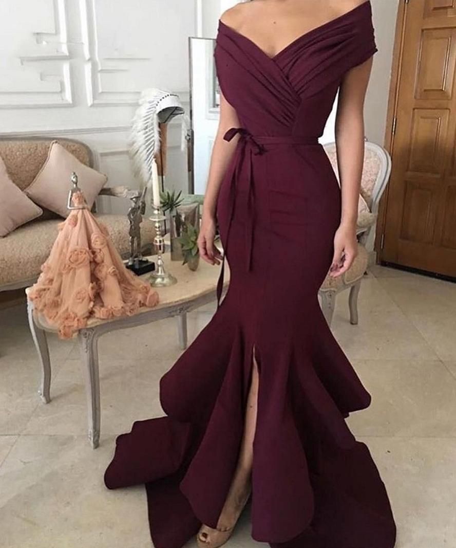 2021 Elegant Burgundy Evening Dresses V 