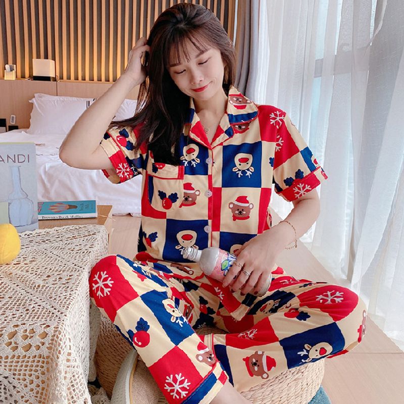 Compra Al Por Mayor Verano Manga Corta Pantalones Largos Pijamas Casa Textil  Textil Coreano Ocasional Mujeres Diseñador Cuadrícula Patrón De Dibujos  Animados Impresión De Dormir Ropa De Dormir De Dos Piezas Ropa