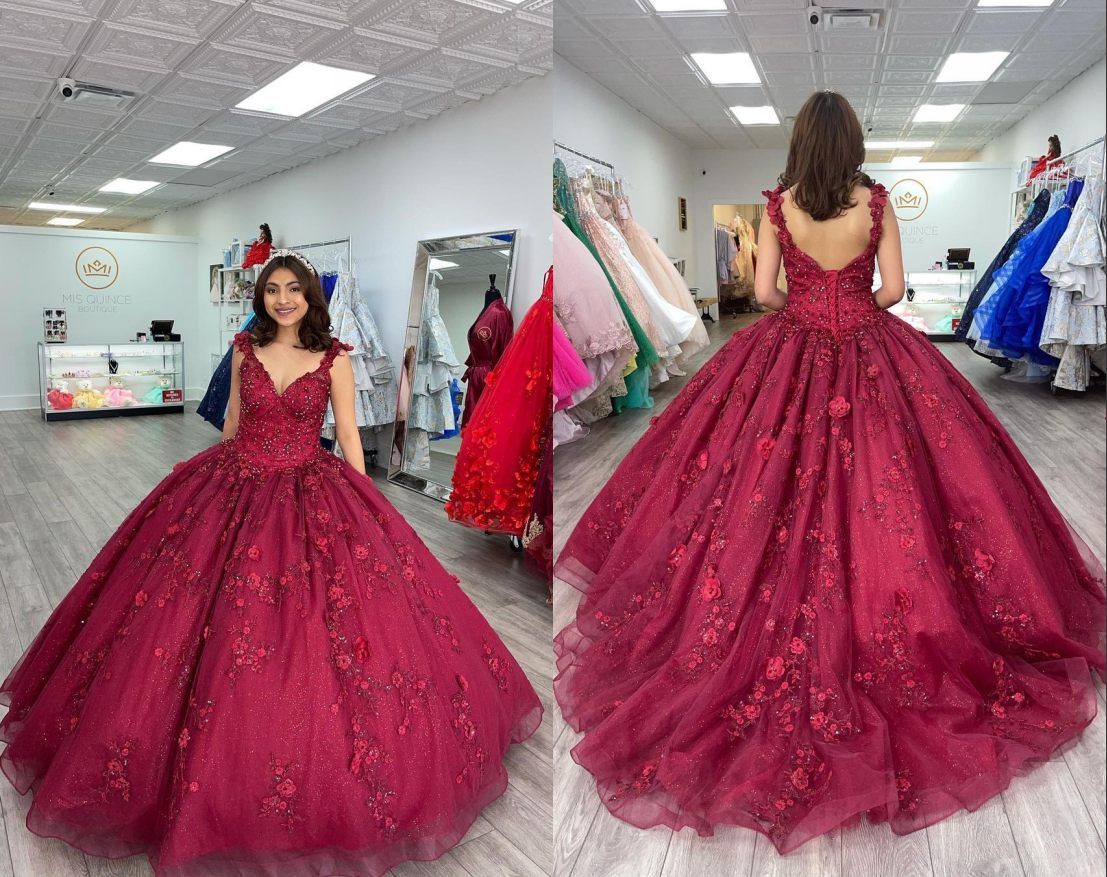 Modern Wine Red 3D Floral Flowers Quinceanera Dresses 2022 Ball Gown with Straps Sleeves Rhinestones Tulle Modern Wine Red 3D Floral Flowers Quinceanera Dresses 2022 Ball Gown with Straps Sleeves Rhinestones Tulle