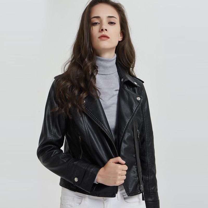Cool Women PU Leather Jacket Motorcycle Biker Slim Jacket Zipper Coat Outwear
