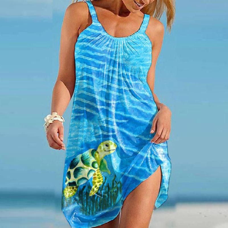 Tank Dresses for Women Summer Casual Sleeveless Cartoon Sea Turtle Printed Beach Dress O Neck Loose Tops 