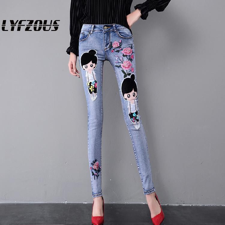 Compra Moda Floral Bordado Jeans Mujeres 2021 Niña De Dibujos Animados  Elástico Delgado Denim Lápiz Pantalones Ladies Pantalones Mujeres Barato |  Entrega Rápida Y Calidad | Es.Dhgate