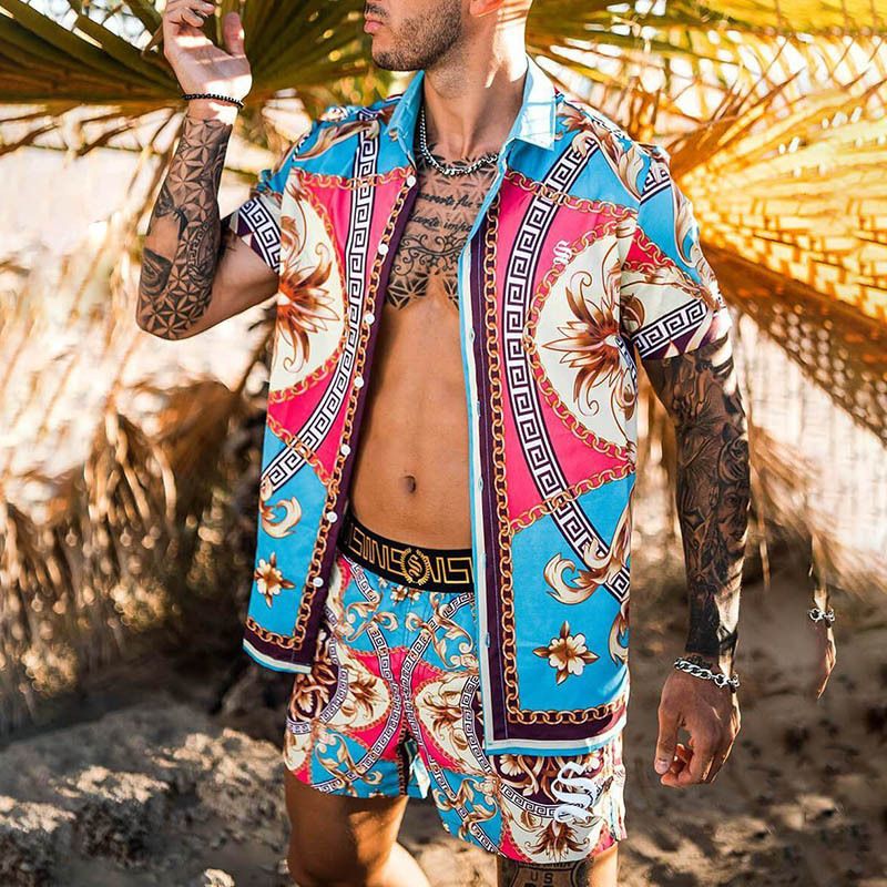 Moda de trajes de baño para hombres impresos Sets Hawaianos Impresión 2021 de manga corta de verano Shorts Streetwear Suit