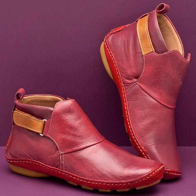 Botas Vintage Mujeres Tobillo Mano PU Cuero Fashion Flat Otoño Invierno Zapatos Mujeres Zapatos