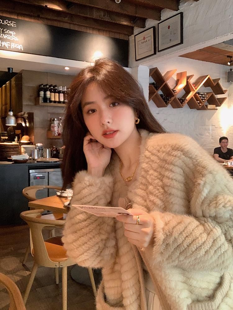 mujer Faux Mink Woven Abrigo Medio Duración Abrigos de joven Ropa de invierno