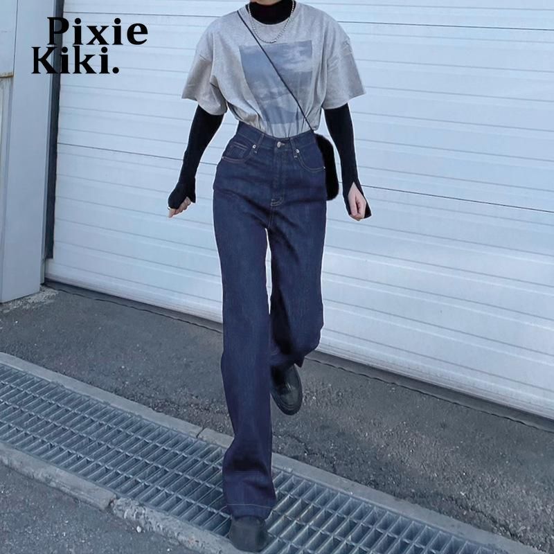 Pixiekiki Y2K Flare Jeans Vintage Mujeres Ropa Indie Kid Estética Estiramiento Azul Pantalones Harajuku 2021