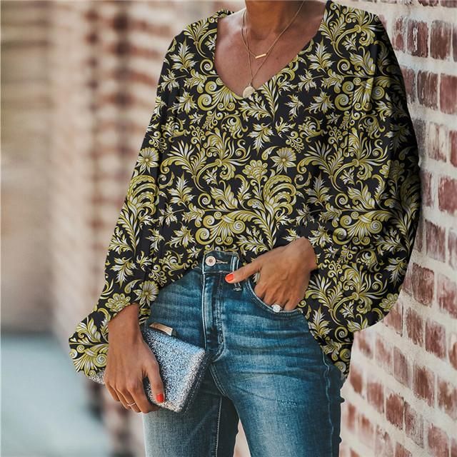 Blusas de las mujeres Foruddesigns elegante mujer linterna manga gasa blusa dorado negro barroco estampado de moda fiesta fiesta fiestas