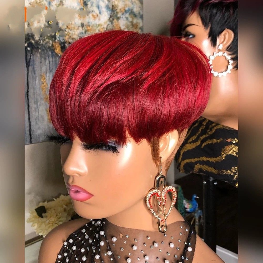 Ombre Red Color Short Bob Pixie Cut Human Hair Wig Full Machine Made None  Lace Front