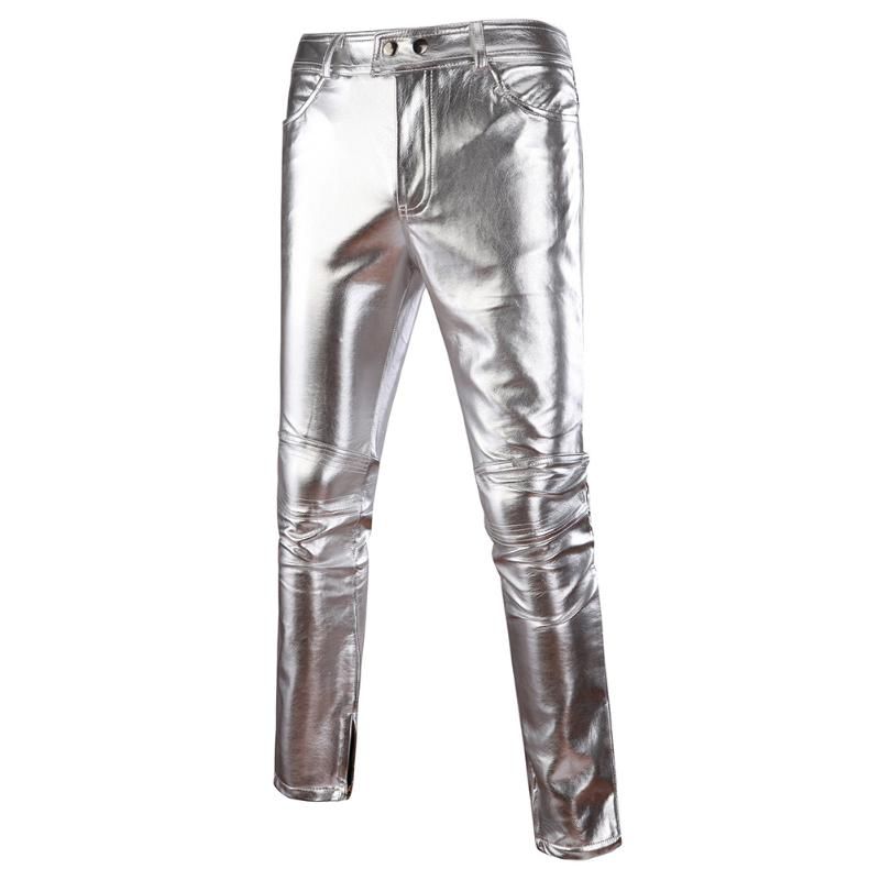 Pantalones de de PU de plata brillante delgado para Pantalones de cuero para motocicletas