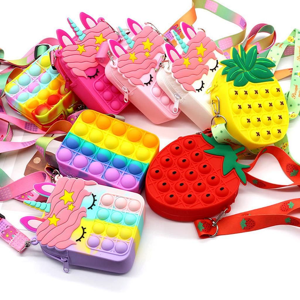US STOCK Party Favor Cute Fidget Toys Bag Unicorn Simple Dimple Messenger Push Bubble Anti-stress Children's Toy Keychain Wallet