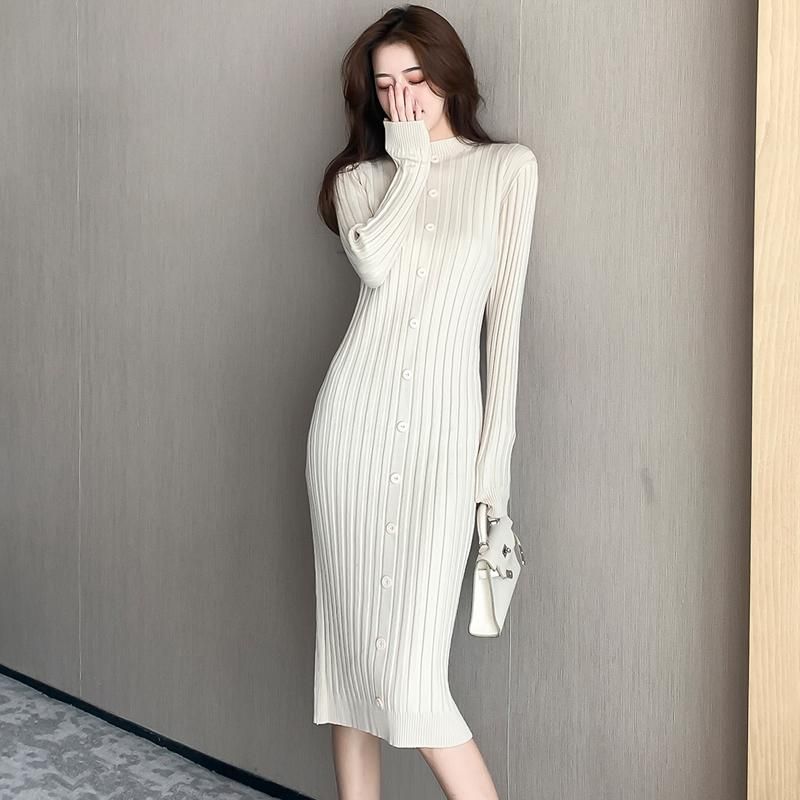 Casual Dresses Women One Piece Dress Winter 21 Office Lady Korea Style Vintage Knitting Full Sleeve Solid High Waist Gray Black From Mijuju 22 92 Dhgate Com