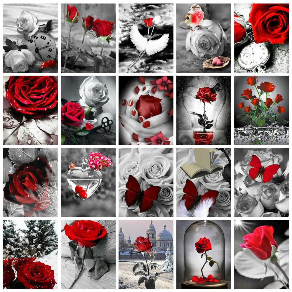 HUACAN 5d Diy Diamond Flower Wall Painting Kits Black And Red