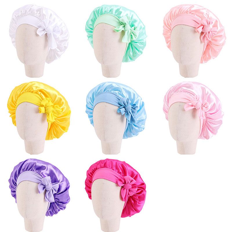 Niños Chica Sólido Color Satén Bowknots Bonnet Sleep Caps Baño Cuidado del cabello Amplio Banda Elástica Niños Noche Sombreros