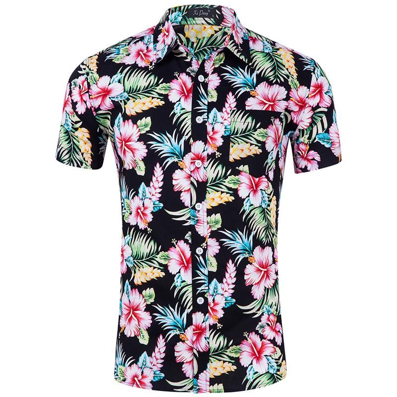 하와이안 셔츠 열대 핑크 꽃 해변 셔츠 여름 반팔 휴가 의류 캐주얼 하와이 남성 미국 XXL 남자