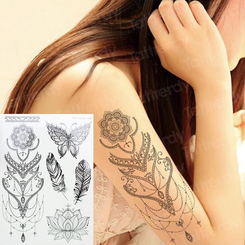 Temporary Tattoos Unique Flower Feather Butterfly Henna Lace Lotus Mandala  Tatoo For Hand Finger Arm Sleeves Back Decal
