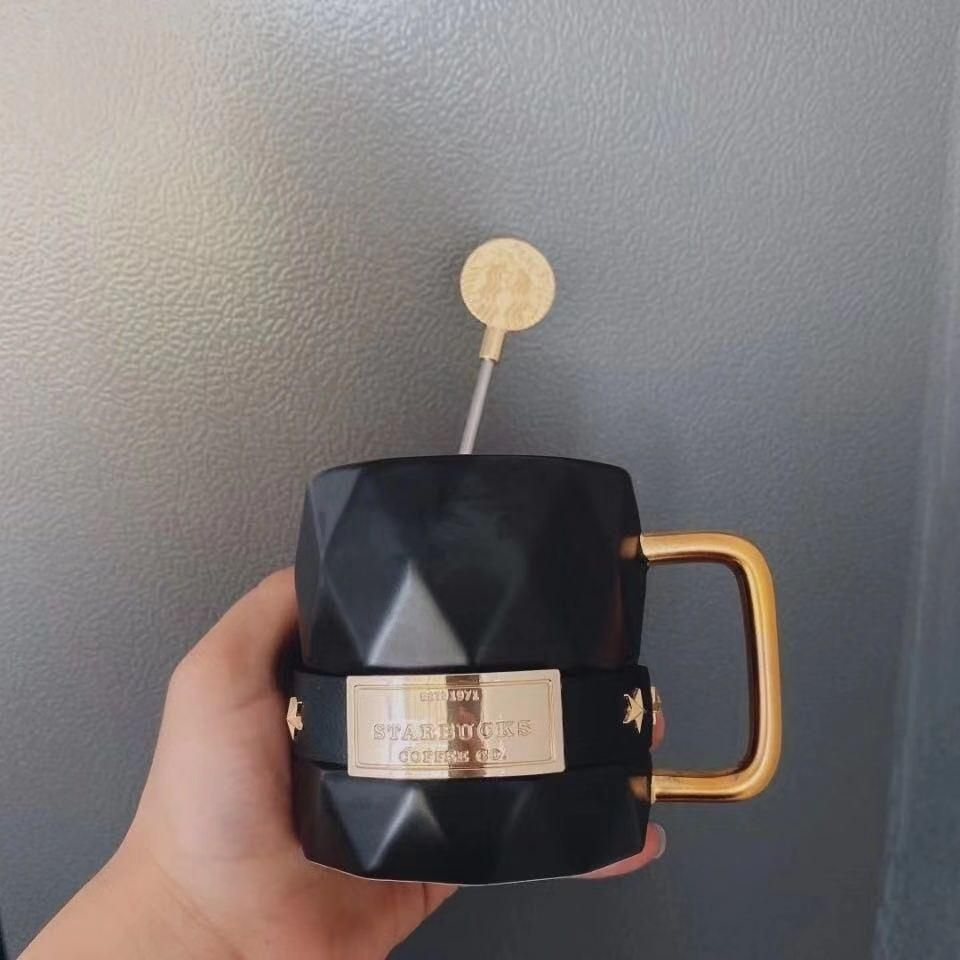 Starbucks Black Gold Faceted Mug Orange Leather Case Bracelet Golden Handle Ceramic Coffee Cup with Stirring Stick