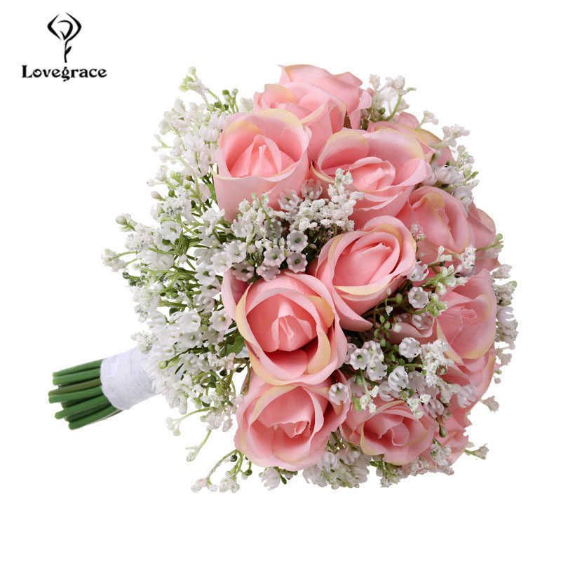 LoveGrace Bouquet Noiva Buquê Buquê de Seda Artificial Rosa Flor Falso  Babys Respiração Rosa Nosegay Partido