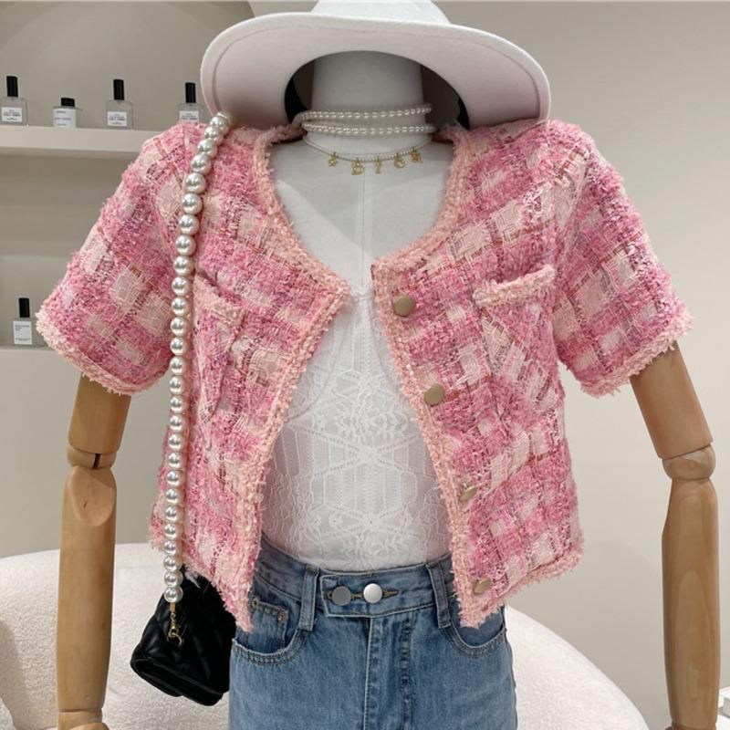 Short Sleeve Thin Plaid Tweed Jacket 